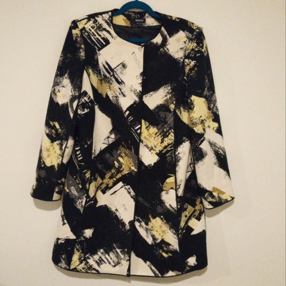 Worth New York Multicolor Abstract Artsy Print Wool Blend Snap Front Coat